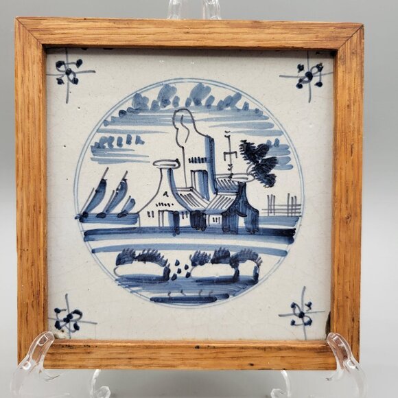 Antique Delft Tiles in Wood Frames 1800's Set of 2 - Picture 2 of 9